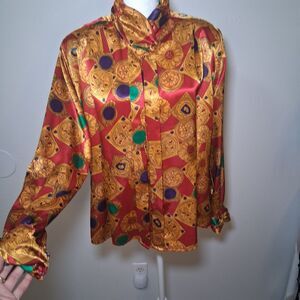 Vintage Satin Blouse Women's  Sz 12 Art To Wear Maximalist Statement Wacky